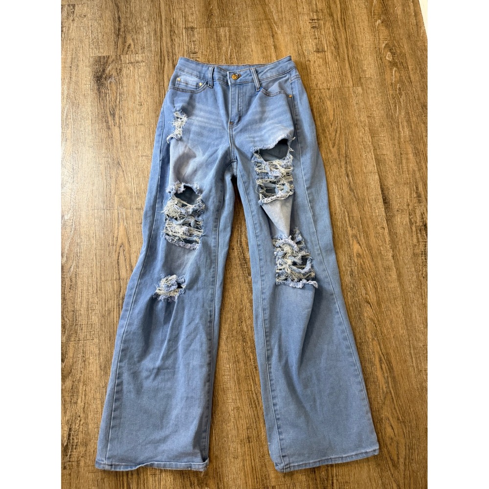 Jeans Light Wash Distressed Wide Leg High Rise Denim Size 9 29 Streetwear